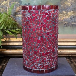 Red Mosaic Glass Candle Sleeve / Hurricane Lamp Shade 8" Bottomless